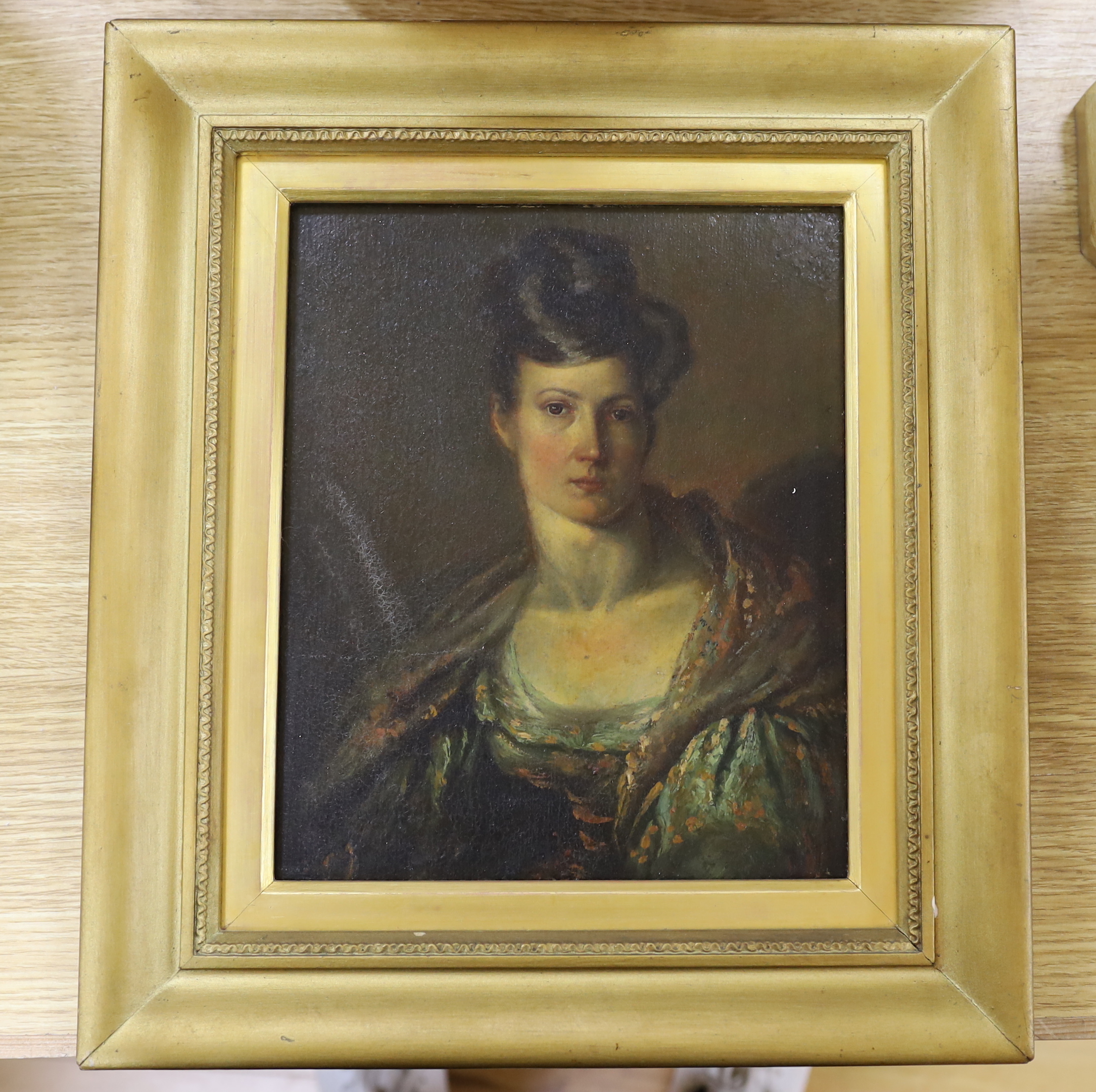 19th century English School, oil on panel, Head and shoulders portrait of a lady, 26 x 22cm